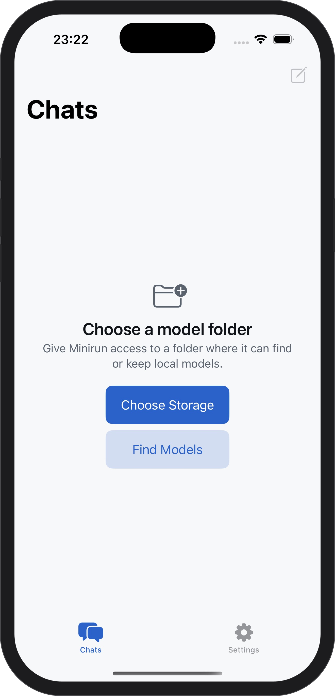 Minirun on iPhone at first launch, showing an empty chat list before any local model has been added.