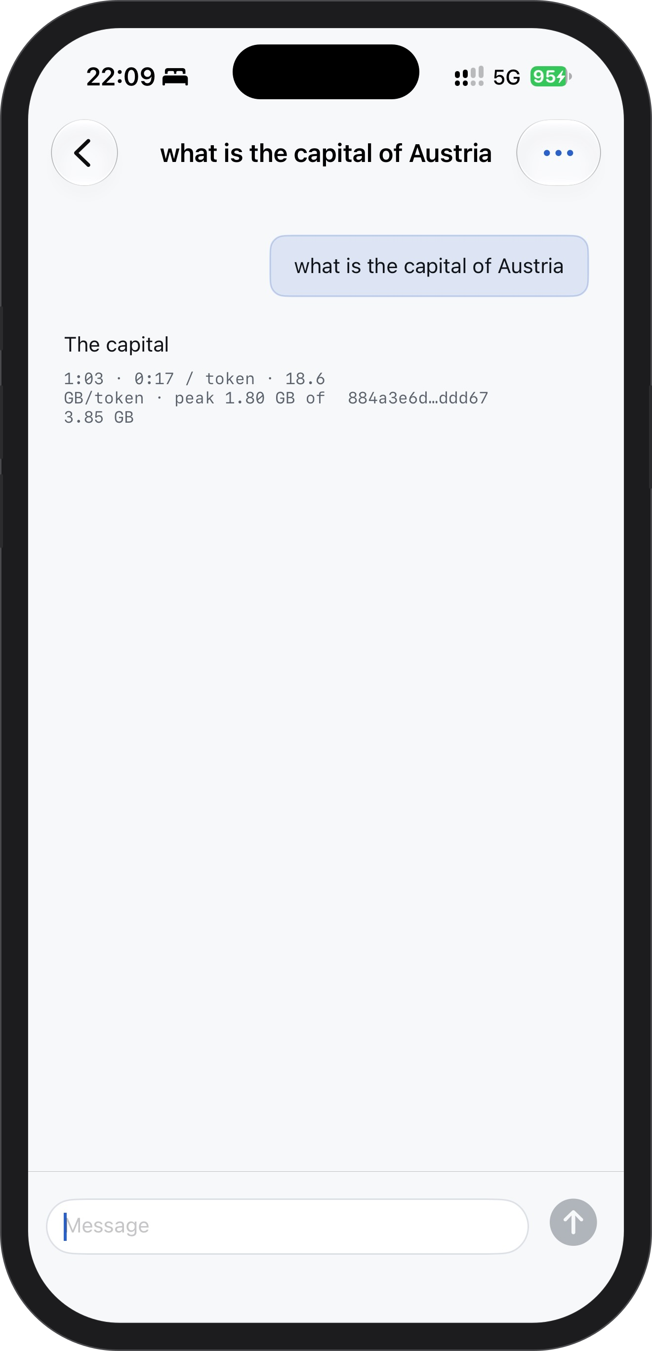 The Minirun iPhone app showing a DeepSeek V4 Flash conversation with the per-token rate, the data read per token, and the peak footprint against the budget.