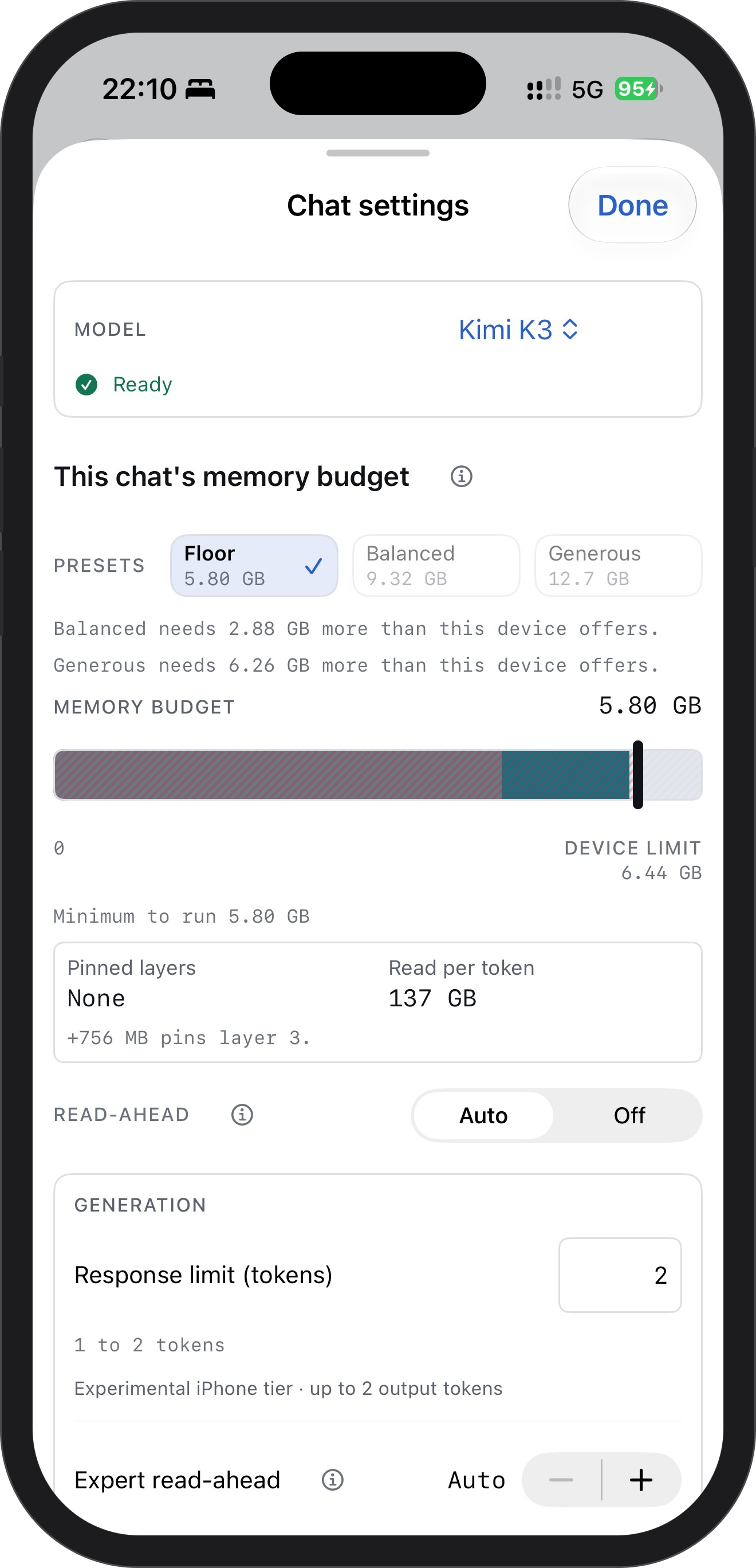 Chat settings for Kimi K3 on an iPhone 16 Pro: a 5.80 GB memory budget set against a 6.44 GB device limit, with the data the run reads for each token listed beneath it.