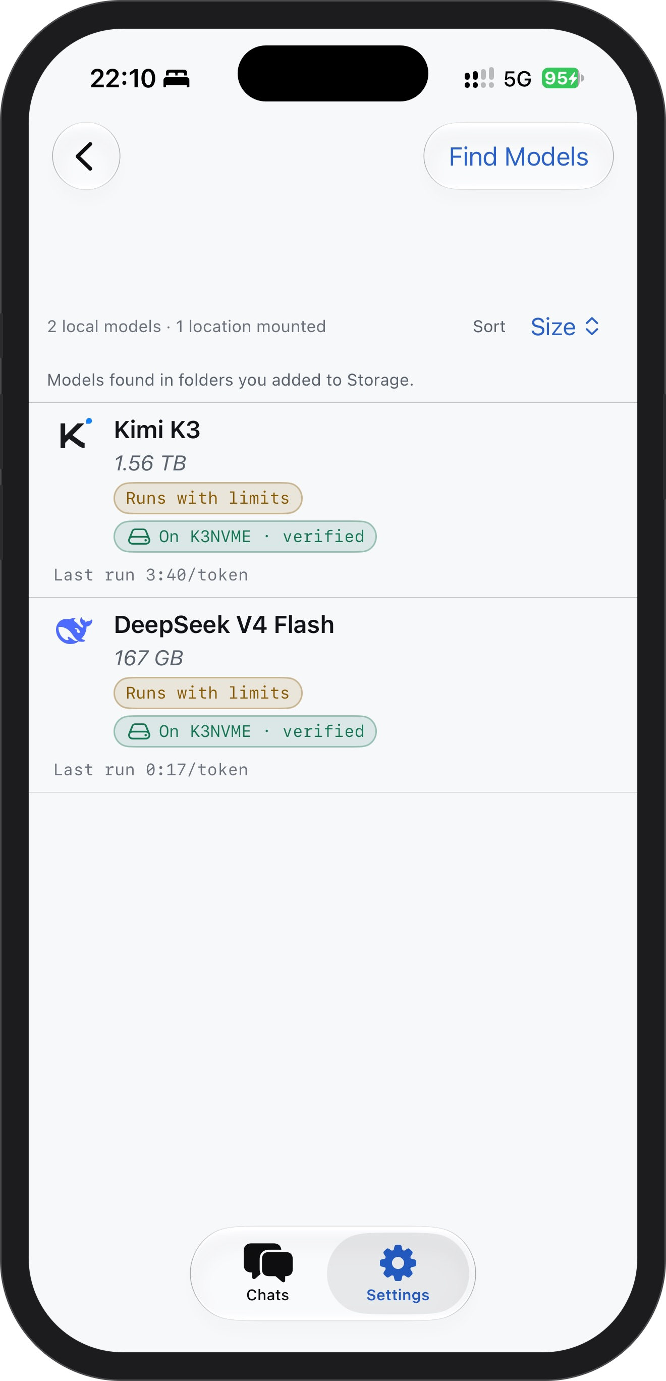 The same library on an iPhone 16 Pro: Kimi K3 at 1.56 TB and DeepSeek V4 Flash at 167 GB, both found on the drive attached to the phone.