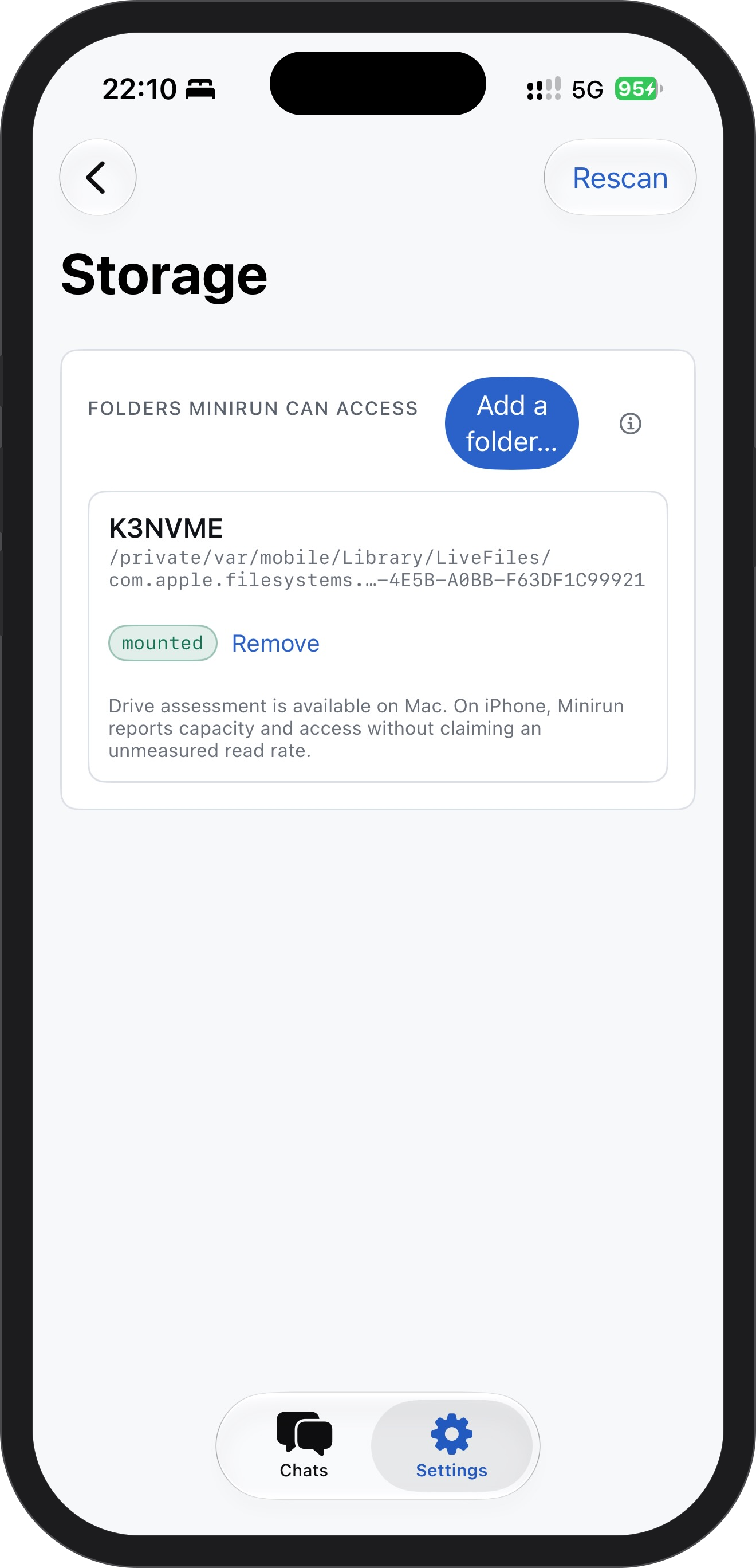 The same storage pane in the Minirun iPhone app, showing the granted folder on the external drive the phone reads its models from.