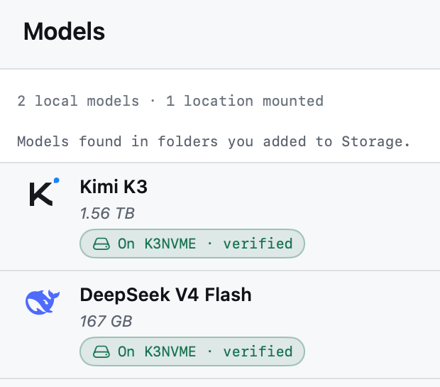 The Minirun models list on macOS with Kimi K3 in it at 1.56 TB, sitting on the external drive it was found on.