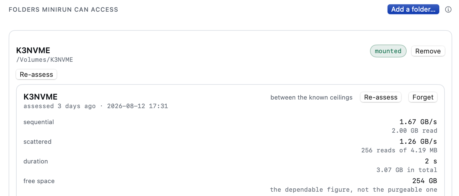The Minirun storage pane on macOS: a granted folder on an external NVMe volume, with the read rates it was assessed at and the space left on it.
