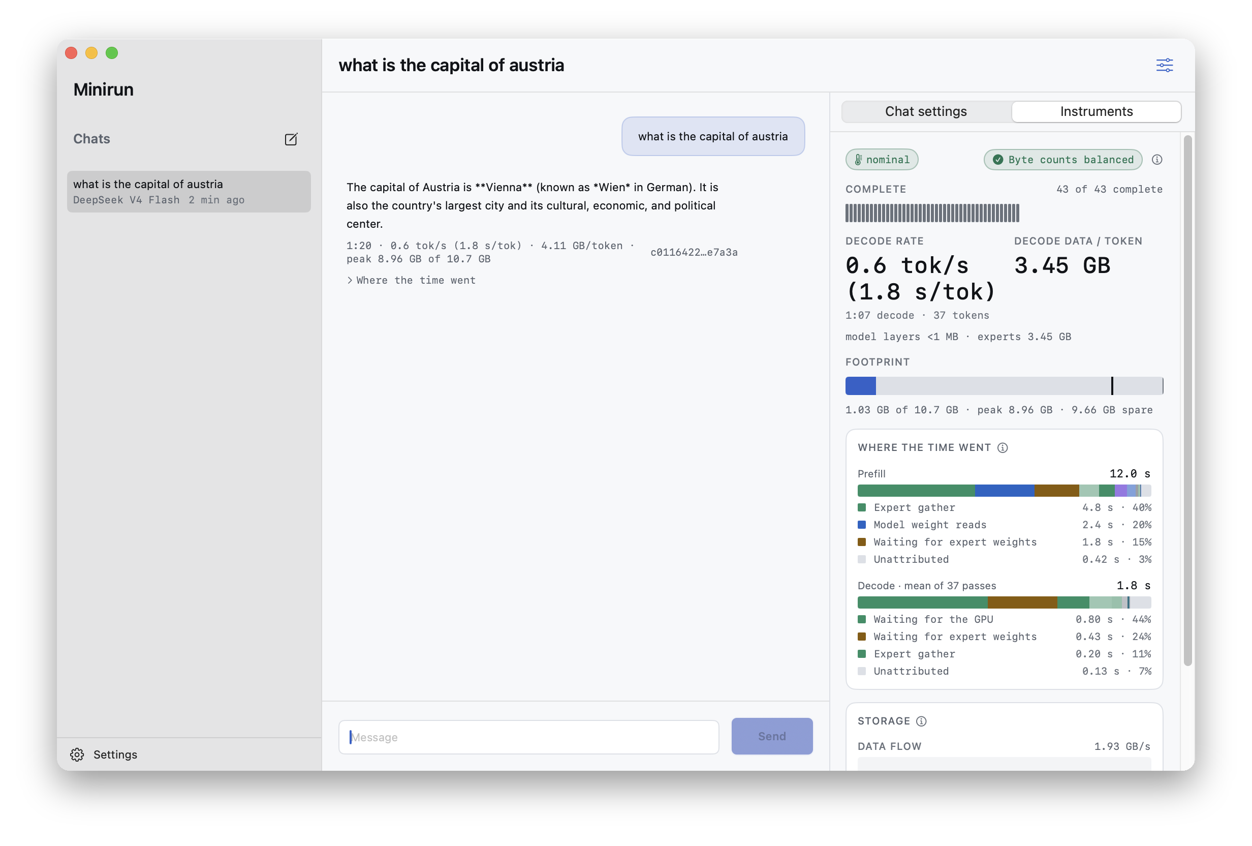 A completed DeepSeek V4 Flash answer in the Minirun Mac app, with the conversation list on the left and the settings panel closed.