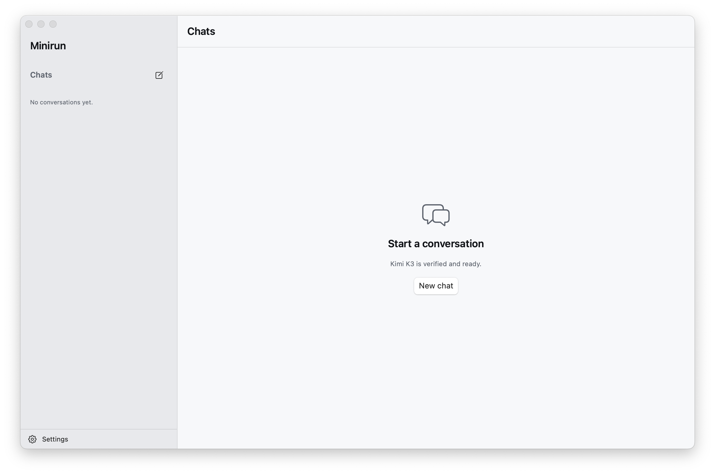 Minirun on macOS at first launch, with an empty local model library, an empty conversation list, and the prompt to add a storage location.