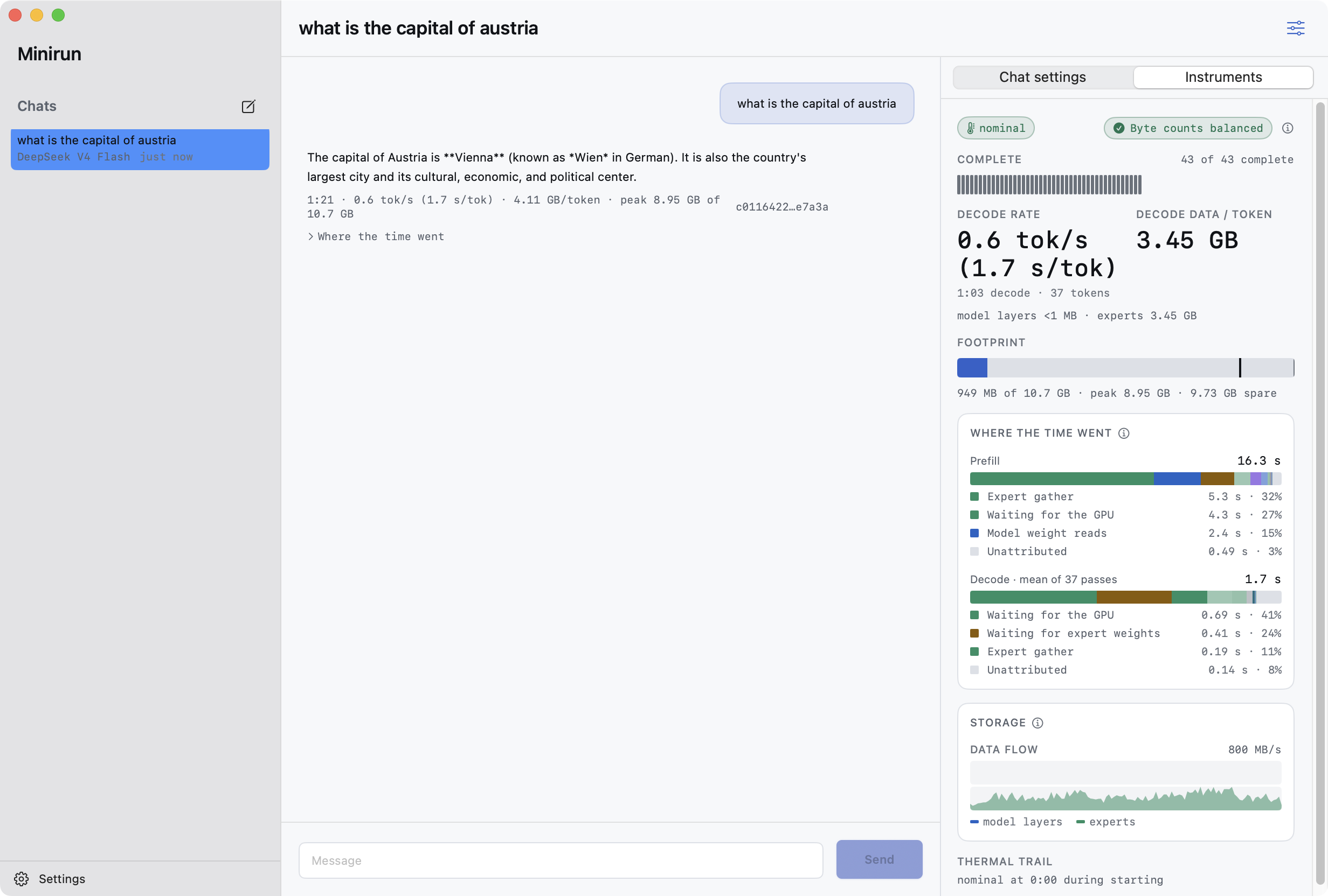 Minirun's Instruments panel on macOS during a DeepSeek V4 Flash run, showing the decode rate, decode data per token split into model layers and experts, the footprint against the budget, and a storage data-flow chart.