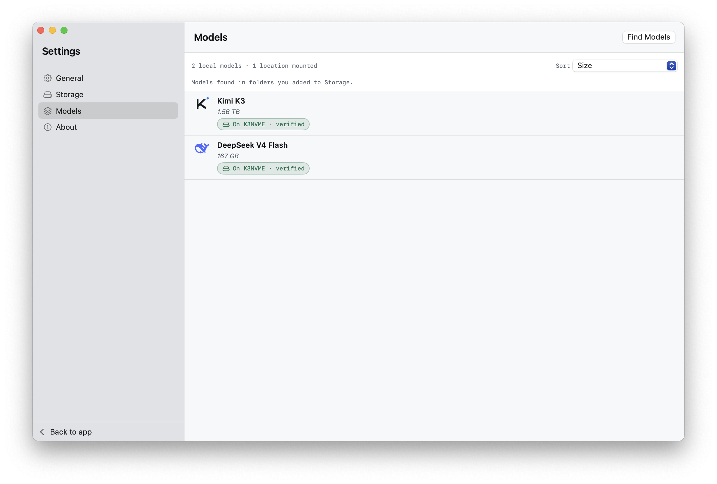 Minirun's Models settings on macOS, listing Kimi K3 and DeepSeek V4 Flash with their container sizes, the volume each one lives on, and the verification state the app established for each.