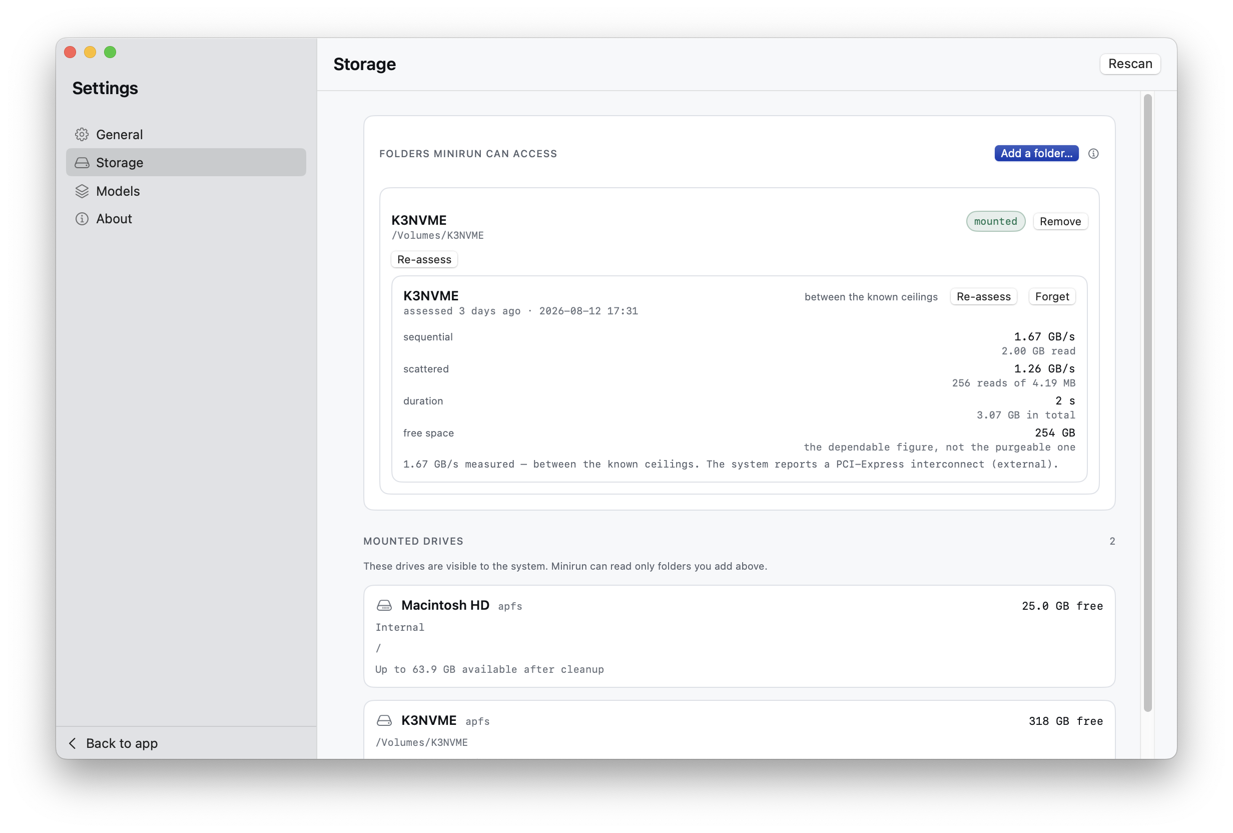 Minirun's Storage settings on macOS, showing the folders the app has been granted, an assessment of the mounted volume holding the containers, and the other drives the system reports.